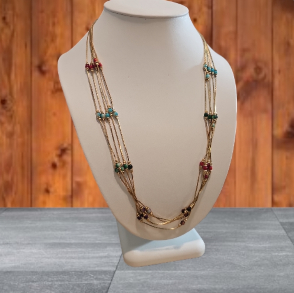 Vintage '80s Multicolor Serpentine Multi-Strand Beaded Necklace Gold-Tone.